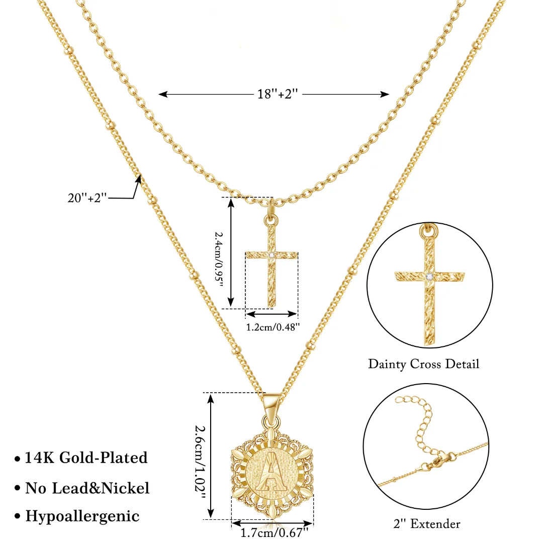 14K Gold Layered Initial Letter Pendant Cross Choker Necklace- Hexagon