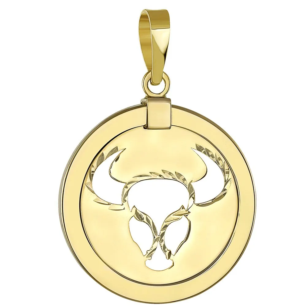 14K Gold Reversible Round Bull Taurus Zodiac Sign Pendant Necklace - Yellow Gold