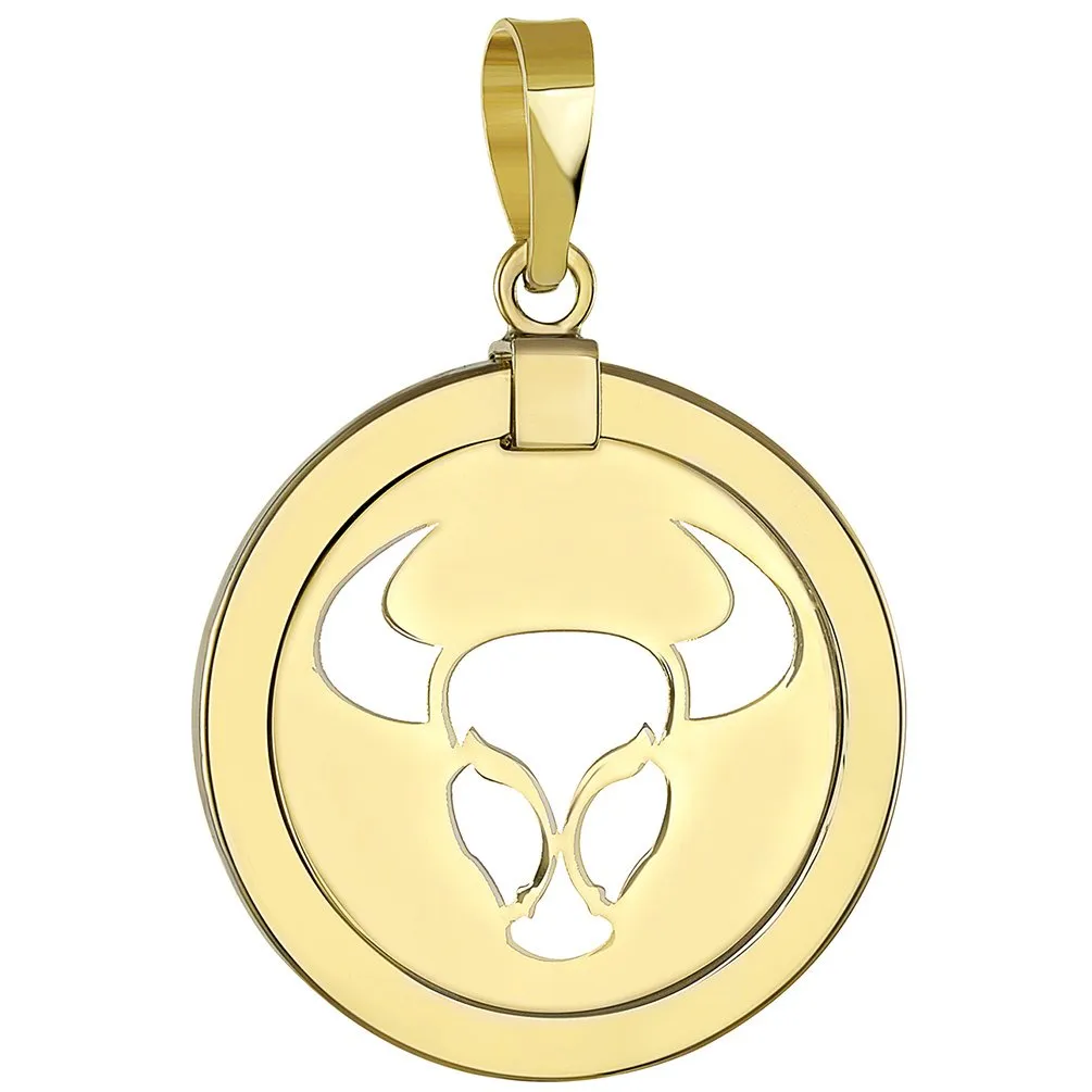 14K Gold Reversible Round Bull Taurus Zodiac Sign Pendant Necklace - Yellow Gold