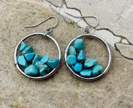 Artisan Blue Faux Turquoise Stone Silver ToneHoop Hanging Pierced Earrings