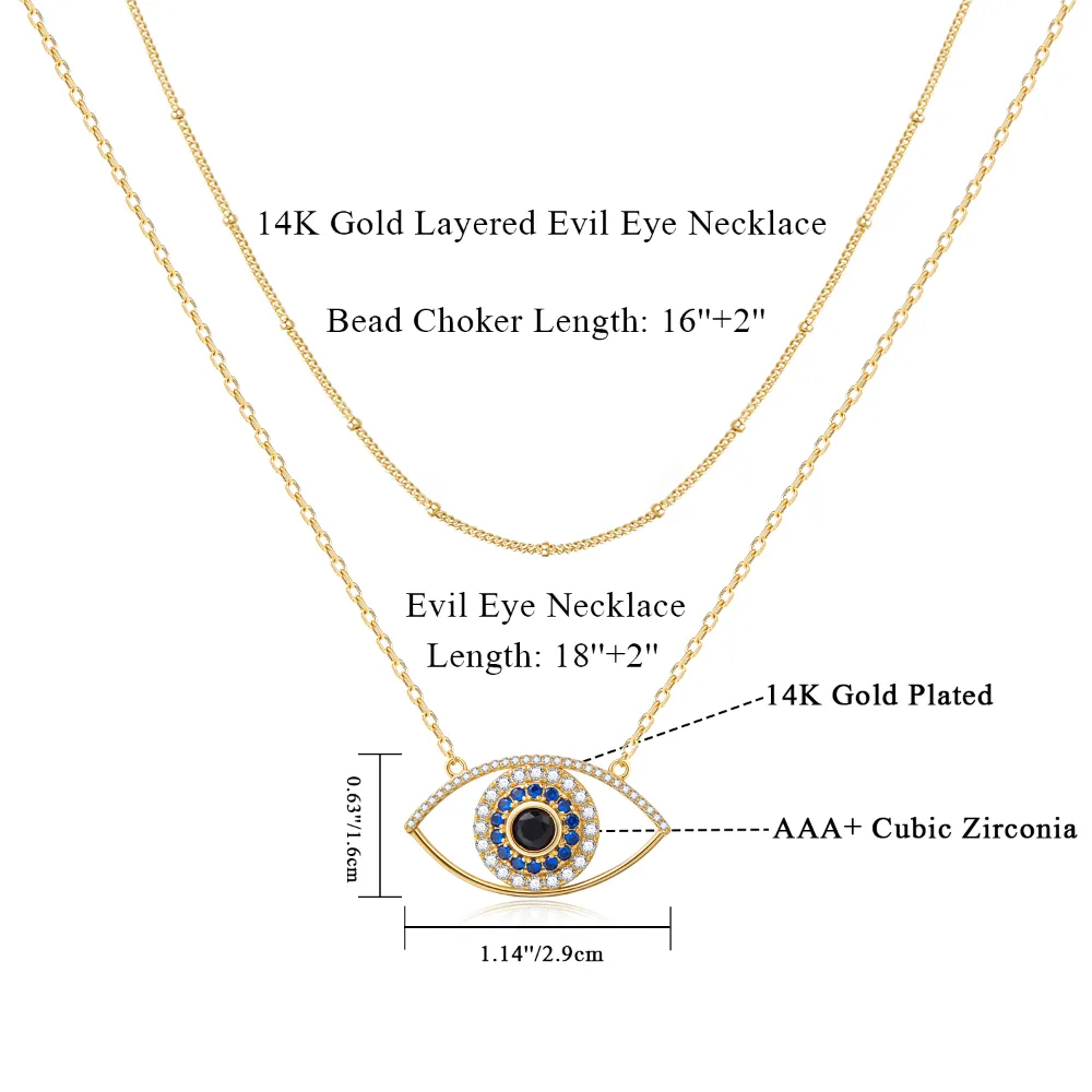 Dainty 14K Gold Layered Evil Eye Religious Necklace- Devil's Eye Satellite