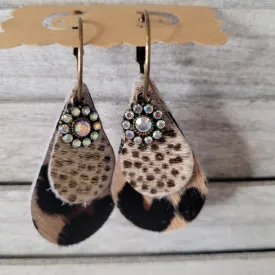 Faux Leather Hand Made Hoop Dangle Earrings with Iridescent Rhinestone Bead