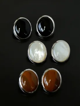 Oval Stud Earrings: White Mother-of-Pearl, Black Onyx, Wood Grain Stone