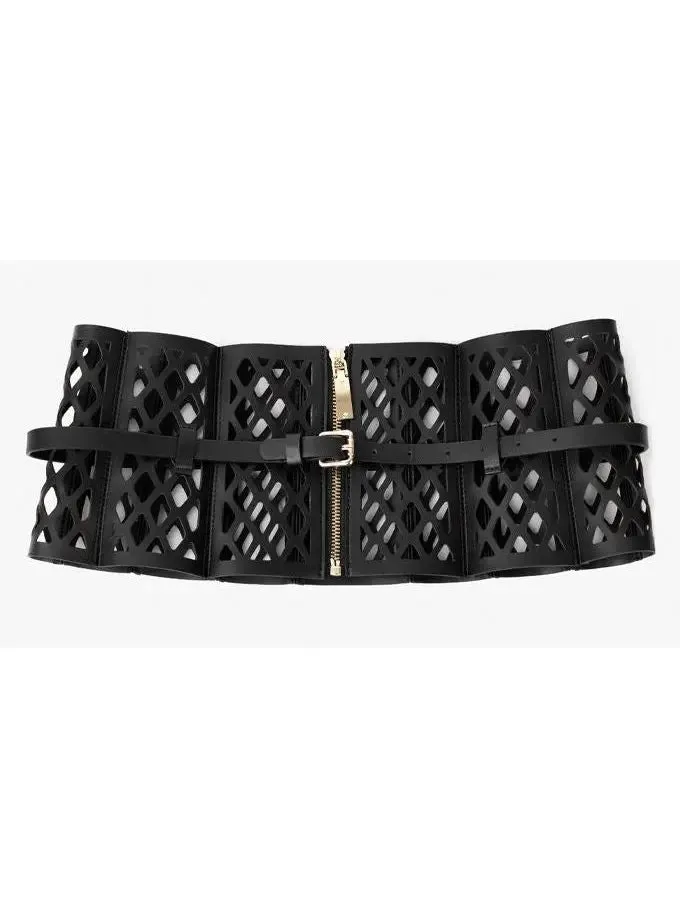 Women’s Black Leather Laser Cut-Out Corset Belt